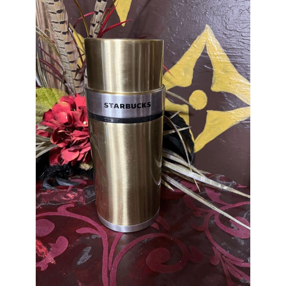 Starbucks 2006 Gold and Silver Metal Insulated 17oz Thermos with Removeable Cup